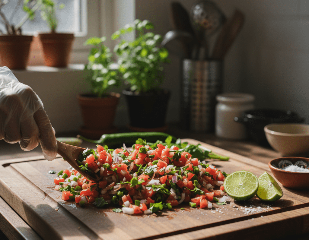 A vibrant, close-up image of a fresh Pico de Gallo preparation scene, highlighting a wooden cutting board filled with finely diced tomatoes, onions, jalapeños, and cilantro, with lime halves and a small bowl of salt nearby. In the foreground, a hand wearing a modest cooking glove skillfully mixes the ingredients with a wooden spoon. The middle layer features a colorful assortment of fresh ingredients, with bright red tomatoes and green cilantro contrasting against the neutral wood tones of the board. Soft, natural lighting streams in from the left, casting gentle shadows and creating a warm, inviting atmosphere. The background includes a blurred kitchen setting with herbs and cooking utensils to enhance the homemade feel, inspiring a sense of culinary creativity and freshness.