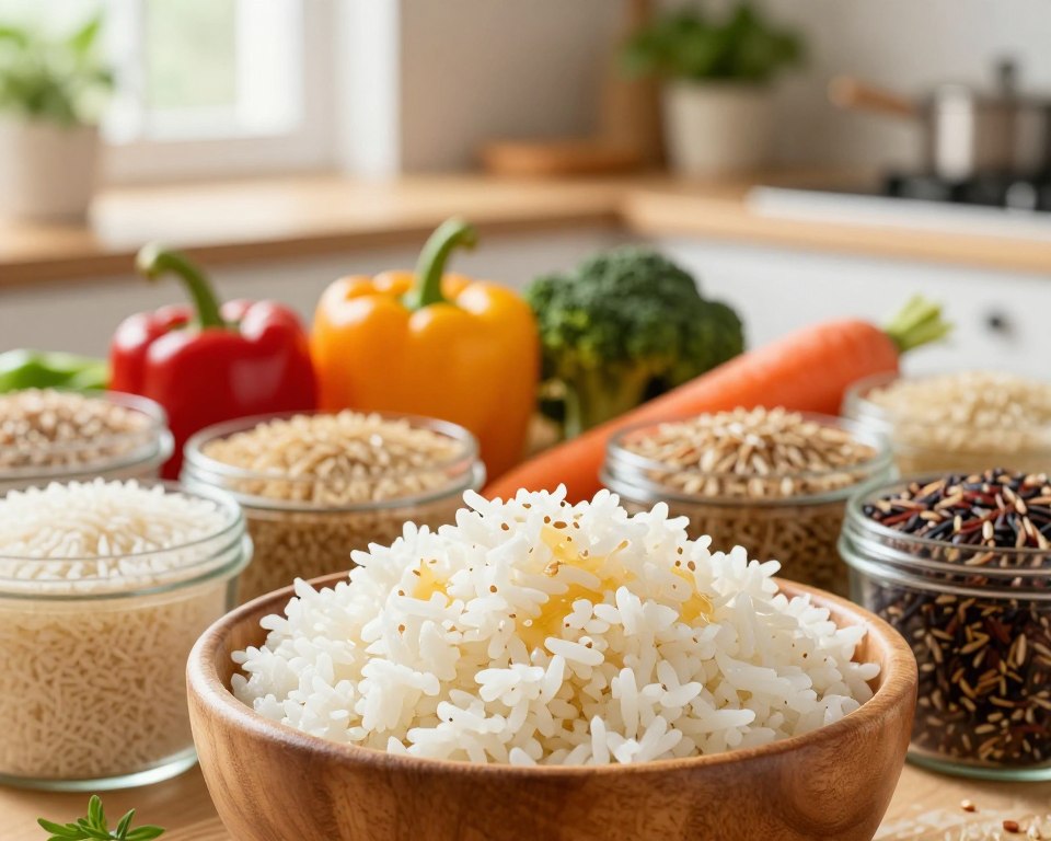 A vibrant, close-up image of a variety of rice types suitable for a vegetable rice pan. In the foreground, display a wooden bowl filled with fluffy, cooked jasmine rice, glistening with a hint of sesame oil. Surround the bowl with small, labeled containers of basmati, brown rice, and wild rice, emphasizing their unique textures and colors. In the middle ground, include fresh vegetables like bell peppers, broccoli, and carrots, artistically arranged, suggesting a ready-to-cook scene. In the background, softly blurred, feature light wooden kitchen countertops with herb plants and a softly glowing window, allowing natural light to filter in, creating a warm and inviting atmosphere. The overall mood should be one of healthy cooking inspiration and culinary creativity.