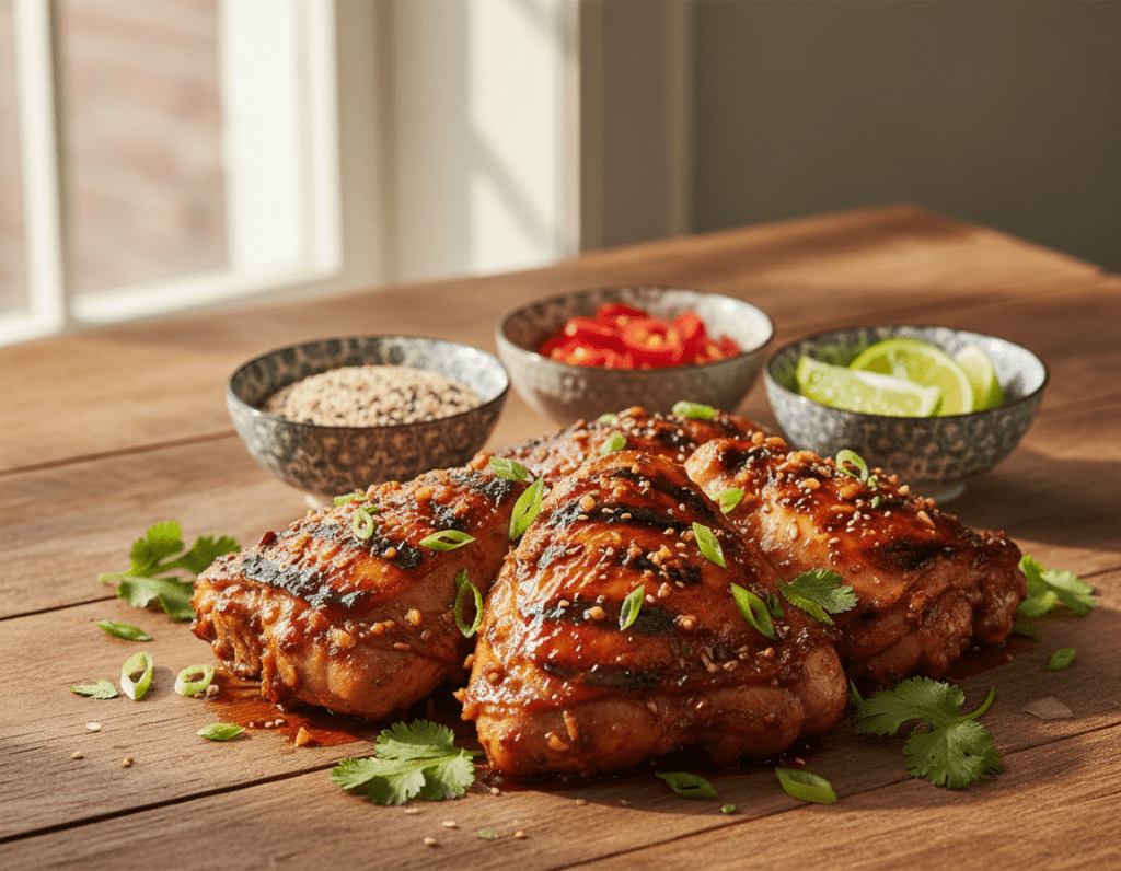 A vibrant close-up of a beautifully arranged dish featuring Asian-inspired marinade for chicken. In the foreground, juicy chicken thighs marinated in a rich blend of soy sauce, ginger, garlic, and sesame oil are expertly grilled, drizzled with a glossy glaze. Surrounding the chicken, fresh herbs like cilantro and green onions add a pop of color. In the middle ground, there are small bowls filled with sliced chilies, sesame seeds, and lime wedges, ready to enhance the dish. The background features a rustic wooden kitchen table, softly lit by warm, natural light filtering in through a nearby window, creating a cozy and inviting atmosphere. The entire scene feels appetizing and full of flavor.