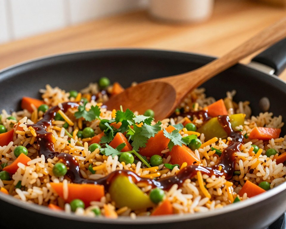 A vibrant, close-up view of a frying pan filled with colorful vegetable rice, glistening from a variety of rich Asian sauces like soy sauce, teriyaki, and chili sauce. The foreground features fresh, chopped vegetables such as bell peppers, peas, and carrots, with herbs like cilantro sprinkled on top for garnish. In the middle background, a wooden spoon rests beside the pan, hinting at a homey cooking scene. Soft, warm lighting enhances the inviting atmosphere, creating reflections on the glossy sauces. A blurred, wooden kitchen countertop fills the background, adding to the cozy, authentic kitchen vibe. The scene encapsulates the essence of enhancing flavors while preparing a delightful vegetable rice dish.