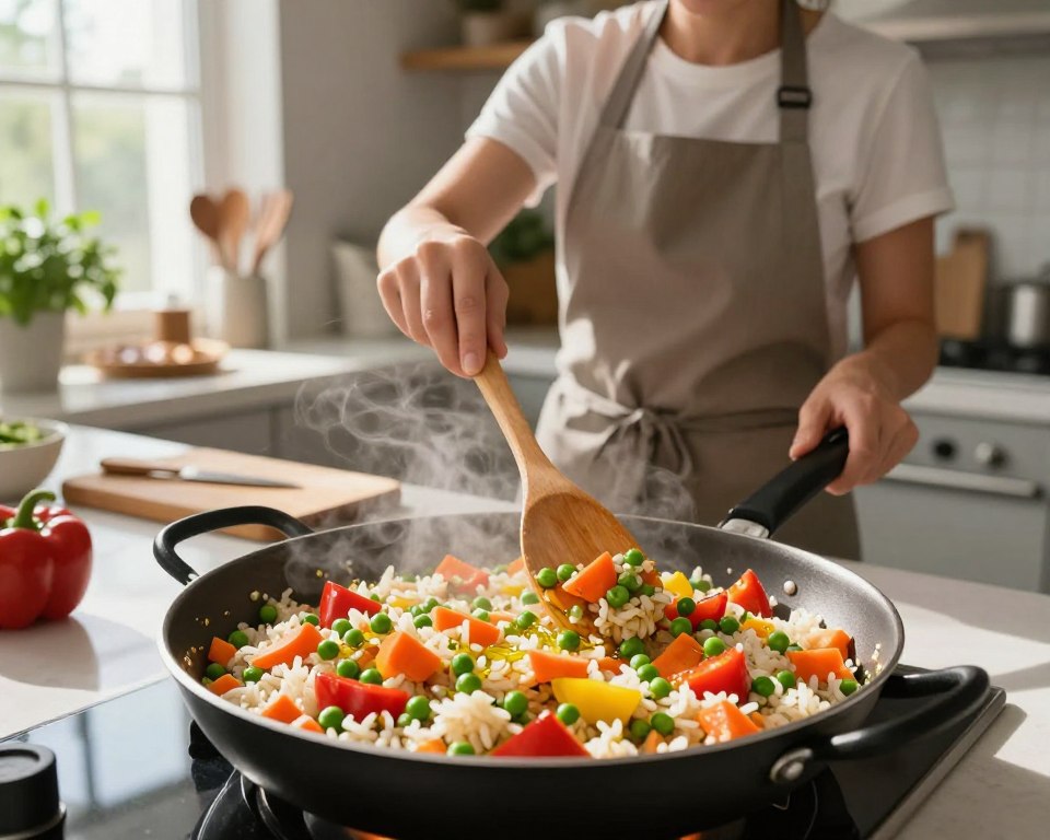A vibrant, colorful vegetable rice dish being prepared in a modern kitchen. In the foreground, a steaming pan showcases fluffy rice mixed with an array of fresh, diced vegetables like bell peppers, carrots, and peas, glistening with a light drizzle of olive oil. The middle layer captures a cook, dressed in a neat apron, stirring the pan with a wooden spoon, their focused expression conveying the simplicity and joy of cooking. In the background, a cozy kitchen setting with natural light streaming through a window highlights herbs in pots and neatly arranged utensils. The atmosphere is warm and inviting, encouraging a sense of home-cooked happiness. Soft shadows play across the countertop, adding depth to the scene.