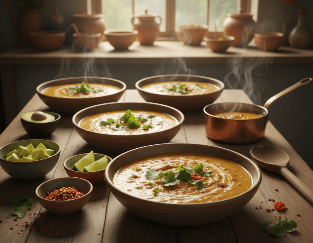 A vibrant composition featuring a beautiful wooden table set with various colorful bowls of creative red lentil soup variations made with coconut milk. In the foreground, highlight a rich, creamy bowl of red lentil soup topped with fresh herbs, a drizzle of coconut milk, and a sprinkle of spices. Next to it, display smaller bowls with garnishes such as diced avocado, lime wedges, and chili flakes. In the middle, a rustic wooden spoon rests beside a small pot of simmering soup. The background reveals a cozy kitchen scene with warm lighting filtering through a window, casting gentle shadows. The atmosphere is inviting and homey, evoking a sense of comfort and culinary exploration. Shot at eye level with a soft focus, enhancing the main dishes’ colors and textures.