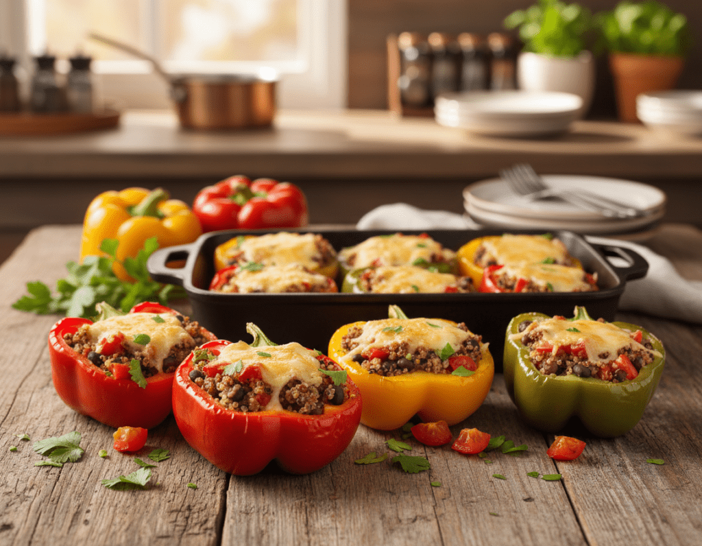 A vibrant composition of various creative stuffed bell peppers arranged artistically on a rustic wooden table. In the foreground, showcase an array of colorful bell peppers, filled with a variety of ingredients like quinoa, black beans, diced tomatoes, and herbs, with fresh parsley scattered around for garnish. The middle section features a baking dish partially filled with melting cheese atop other stuffed peppers, creating a tempting visual. The background displays a cozy kitchen scene with soft, warm lighting, highlighting the textures of the food and wooden table. Use a shallow depth of field to emphasize the peppers, while the overall atmosphere exudes warmth and creativity, perfect for a homey cooking setting.