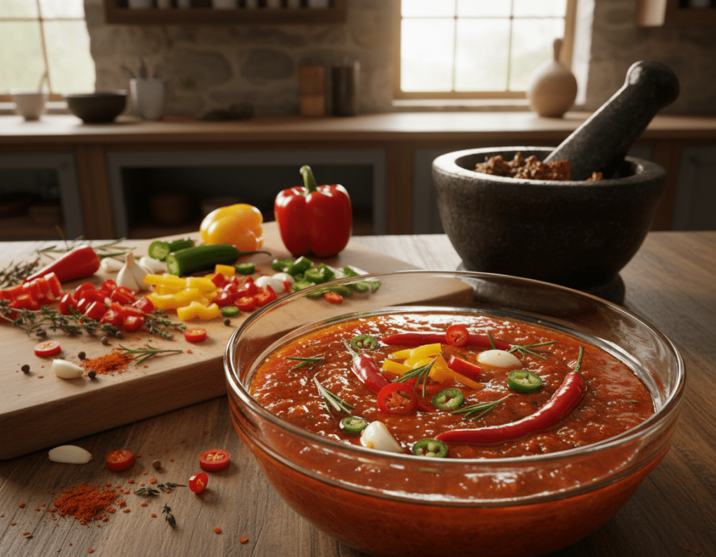A vibrant composition showcasing a spicy marinade featuring chili and paprika. In the foreground, a glass bowl filled with a rich, glossy marinade displays fresh red chilies, sweet bell peppers, garlic cloves, and herbs, glistening with oil. The middle layer features a cutting board with chopped ingredients, with splashes of color from the bright red and green peppers. In the background, a rustic kitchen setting reveals wooden countertops, soft natural lighting filtering through a window, adding warm tones that enhance the inviting atmosphere. The angle is slightly elevated, providing a clear view of the delectable marinade. The overall mood is lively and appetizing, evoking a sense of culinary adventure perfect for marinating chicken thighs.