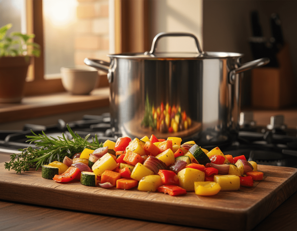A vibrant, detailed arrangement of oven-roasted vegetable ingredients for a hearty soup, prominently featuring fresh carrots, potatoes, bell peppers, zucchini, and onions. In the foreground, the vegetables are meticulously chopped and laid out on a rustic wooden cutting board, with a sprig of fresh herbs beside them. The middle ground showcases a large, gleaming stainless steel pot ready for the soup preparation, reflecting the warm and inviting kitchen ambiance. In the background, soft golden light filters through a nearby window, creating a cozy atmosphere and highlighting the rich colors of the vegetables. The scene captures a sense of warmth, homeliness, and the joy of cooking. A vibrant, detailed arrangement of oven-roasted vegetable ingredients for a hearty soup, prominently featuring fresh carrots, potatoes, bell peppers, zucchini, and onions. In the foreground, the vegetables are meticulously chopped and laid out on a rustic wooden cutting board, with a sprig of fresh herbs beside them. The middle ground showcases a large, gleaming stainless steel pot ready for the soup preparation, reflecting the warm and inviting kitchen ambiance. In the background, soft golden light filters through a nearby window, creating a cozy atmosphere and highlighting the rich colors of the vegetables. The scene captures a sense of warmth, homeliness, and the joy of cooking.