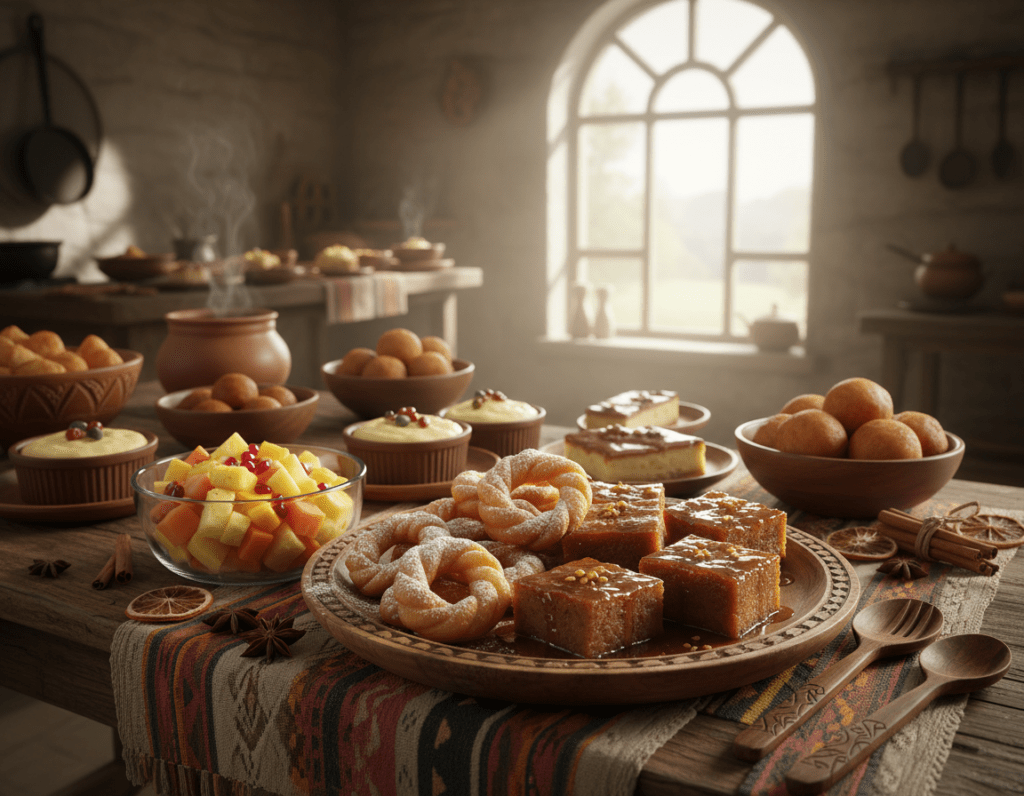 A vibrant display of African desserts and sweet dishes, showcasing delicacies like golden koeksisters, rich malva pudding, and colorful fruit salads featuring pineapple and mango. In the foreground, a beautifully arranged platter adorned with traditional wooden utensils and fabric, complete with intricate patterns evocative of African culture. The middle ground captures a softly lit kitchen setting, with a rustic wooden table and elements like cinnamon sticks and star anise for a warming touch. In the background, natural light spills in through a window, casting gentle shadows and highlighting the textures of the desserts. The atmosphere is inviting and warm, evoking a sense of community and shared joy in cooking.