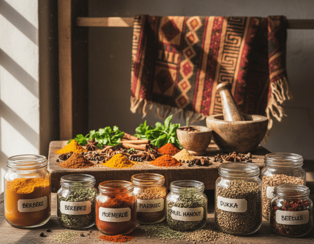 A vibrant display of African spice blends in a rustic setting. In the foreground, a collection of colorful glass jars filled with spices like cumin, coriander, turmeric, and paprika, some with labels and others open, revealing their rich textures. In the middle, a wooden cutting board scattered with whole spices, freshly ground powder, and herbs, alongside traditional mortars and pestles. The background features an African-inspired textiles draped casually, adding warmth to the scene. Natural sunlight filters in from a nearby window, creating soft shadows and a warm, inviting atmosphere. The lens captures the details with a shallow depth of field, focusing on the spices while gently blurring the background. The mood is culinary and exploratory, celebrating the heart of African cooking with earthy tones and textures.