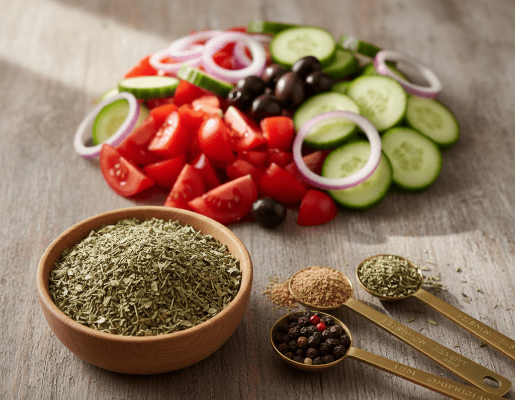 A vibrant display of Greek salad spices, with a focus on oregano prominently featured. In the foreground, a small wooden bowl overflowing with dried oregano leaves, showcasing their green-brown color and texture. Next to the bowl, measuring spoons filled with various spices commonly used in Greek salads, such as dried thyme, basil, and black pepper. The middle ground includes fresh, chopped tomatoes, cucumbers, red onions, and olives, artfully arranged to evoke the essence of a classic Greek salad. The background features a rustic wooden table under soft, natural lighting that casts gentle shadows, creating a warm and inviting atmosphere. The angle is slightly overhead, capturing all elements harmoniously, embodying a fresh and flavorful mood.