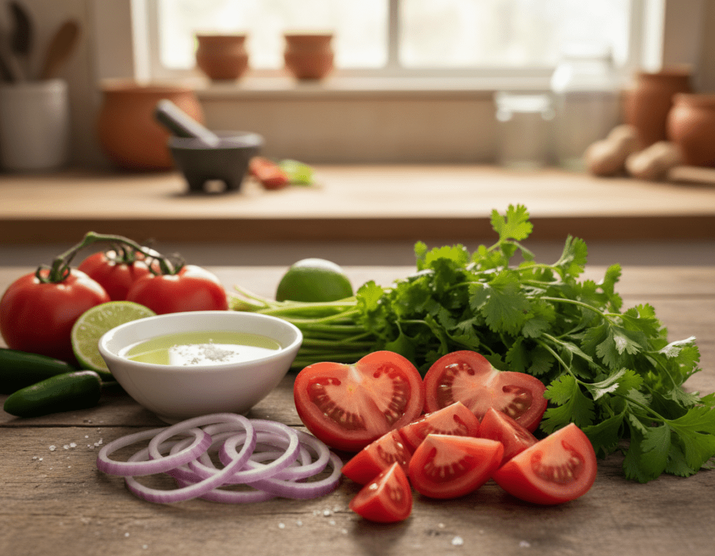 A vibrant display of authentic salsa ingredients meticulously arranged on a rustic wooden table. In the foreground, fresh red tomatoes, finely chopped red onions, and vibrant green cilantro are artfully positioned, showcasing their vivid colors. The middle ground features a small bowl filled with fresh lime juice and a sprinkle of sea salt, inviting viewers to imagine the flavors. In the background, soft natural lighting filters through, casting a warm glow over a blurred kitchen setting, hinting at a cozy cooking environment. The atmosphere is lively and inviting, evoking a sense of culinary excitement and freshness. Capture the essence of these essential ingredients in a close-up perspective, emphasizing their textures and colors, while ensuring a clean, professional composition without any text or distractions.