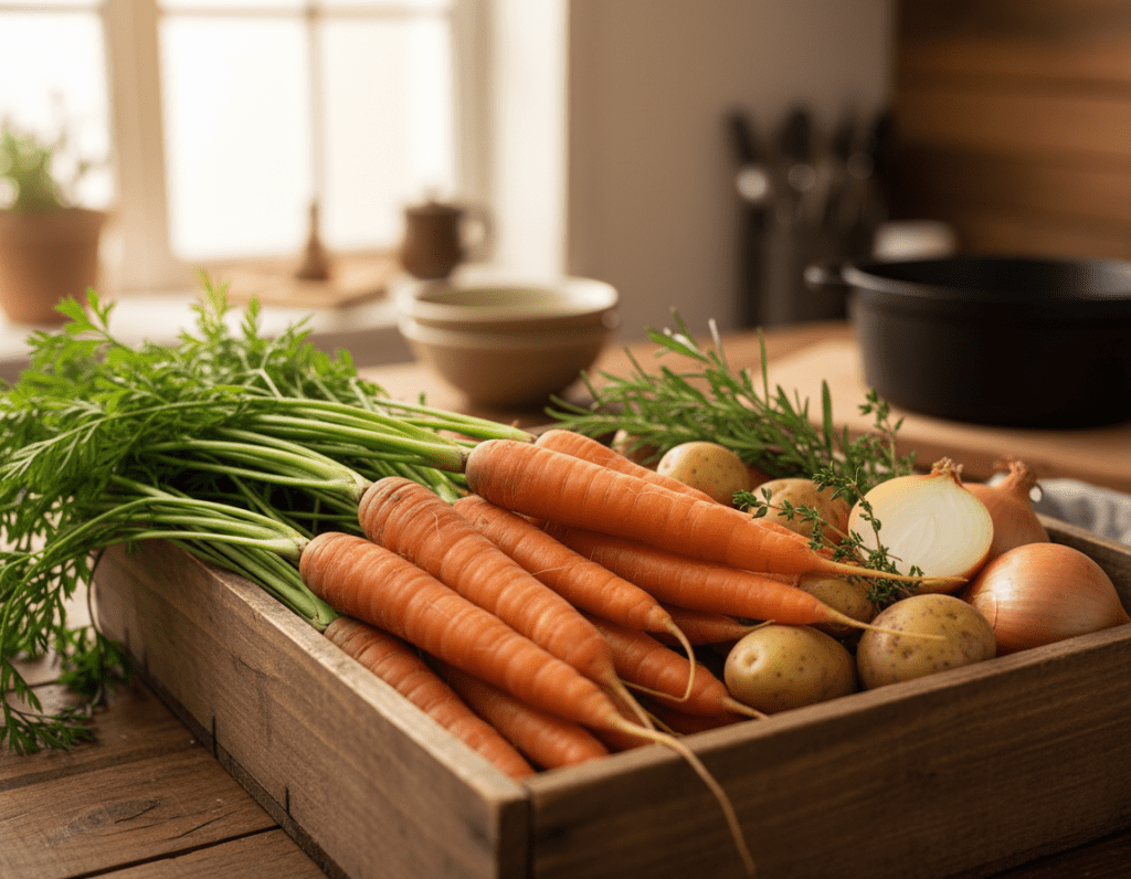 A vibrant display of fresh carrots for a Möhreneintopf, arranged in a rustic wooden crate. In the foreground, focus on a variety of carrots, showcasing their vivid orange and earthy tones, with some still having leafy green tops attached. In the middle, scatter a few other ingredients such as fresh herbs, potatoes, and onions, creating a sense of abundance. The background features a blurred kitchen setting with soft, warm lighting, hinting at natural daylight coming through a window, illuminating the vegetables. Capture a cozy, inviting atmosphere that emphasizes home cooking and the simplicity of preparing a wholesome meal. Use a shallow depth of field to draw attention to the carrots while softly blurring the background elements.