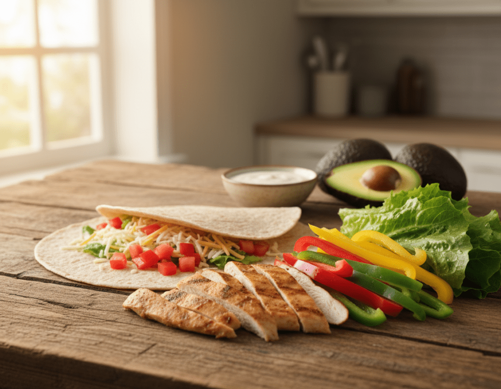 A vibrant display of fresh ingredients for homemade chicken wraps, beautifully arranged on a rustic wooden table. In the foreground, slices of grilled chicken breast, colorful bell peppers (red, yellow, and green), and crisp lettuce leaves are artfully positioned, showcasing their textures. In the middle, a soft whole wheat wrap is partially unrolled, revealing a sprinkle of shredded cheese and diced tomatoes. In the background, a small bowl of creamy ranch dressing and a few whole avocados add to the visual appeal. Natural soft lighting bathes the scene, creating a warm and inviting atmosphere, with a shallow depth of field emphasizing the freshness of the ingredients. The overall mood is cheerful and appetizing, highlighting the theme of healthy cooking.