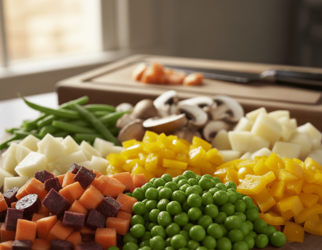 A vibrant display of fresh vegetables suitable for a classic Frikassee recipe. In the foreground, arrange colorful diced carrots, green peas, and bright yellow bell peppers, glistening with dewdrops for freshness. In the middle, include tender green beans, sliced mushrooms, and chunks of white potatoes, all cut into uniform sizes, showcasing their textures. In the background, a wooden cutting board and a chef’s knife hint at preparation, with soft, natural lighting illuminating the scene. The atmosphere is warm and inviting, evoking a feeling of home-cooked goodness, with a shallow depth of field to subtly blur the background, drawing focus to the vibrant vegetables. The composition captures the essence of hearty ingredients coming together for a comforting dish.