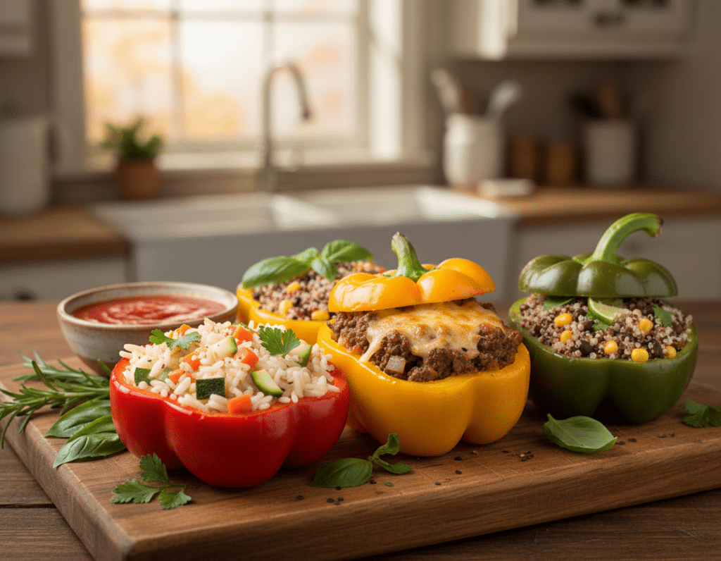 A vibrant display of stuffed bell peppers arranged artfully on a wooden cutting board. The foreground showcases three different variations of fillings: one with seasoned rice, vegetables, and herbs, another with a savory ground meat mixture topped with cheese, and a third featuring quinoa and black beans for a vegetarian option. The peppers are in bright colors—red, yellow, and green—each showcasing a unique filling. In the middle ground, fresh herbs and a small bowl of tomato sauce add a touch of color and texture. The background features a softly blurred kitchen setting with warm, inviting lighting. The atmosphere is cozy and inviting, perfect for a home-cooked meal. Shot with a shallow depth of field to enhance focus on the peppers.
