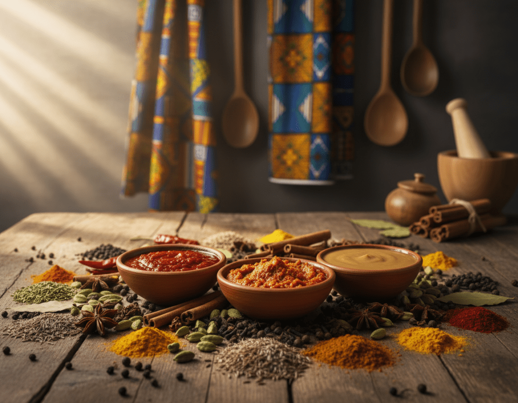 A vibrant display of traditional African sauces and spices arranged artfully on a rustic wooden table. In the foreground, include small bowls filled with rich, colorful sauces such as red pepper, spicy harissa, and creamy peanut sauce, each with a unique texture. Surround the bowls with an array of whole spices like cardamom, cloves, and cumin, creating a sense of abundance and flavor. In the background, showcase a blurred image of African textiles and cooking utensils to enhance the cultural context. Soft, natural lighting illuminates the scene, casting gentle shadows that add depth, while a warm color palette evokes a welcoming atmosphere. The overall mood should feel lively and inviting, celebrating the rich culinary heritage of African cuisine.