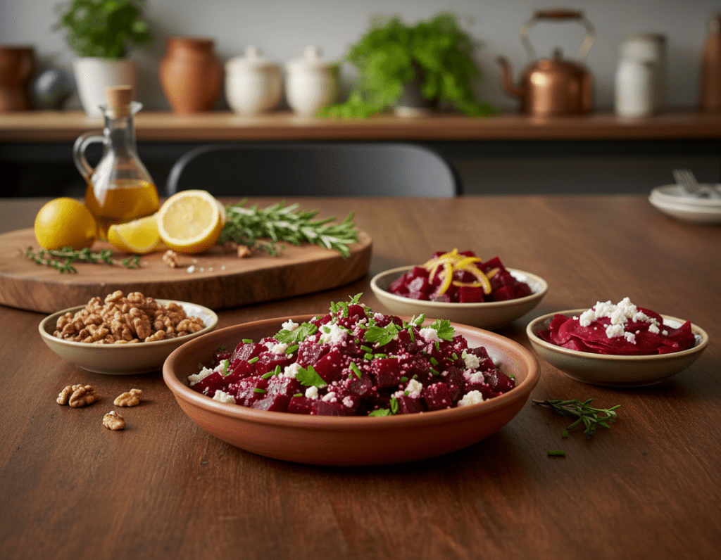 A vibrant display of various beetroot salad variations, artistically arranged on a stylish wooden table. In the foreground, highlight a bowl of deep red beet salad mixed with crumbled feta cheese, sprinkled with fresh herbs like parsley and chives. Surround the main dish with smaller bowls showcasing colorful variations: one with roasted beets and walnuts, another with pickled beets and feta, and a third featuring a citrus dressing. The middle ground includes a rustic wooden cutting board with scattered ingredients like lemon wedges, olive oil, and herbs. Soft, natural light illuminates the scene, casting gentle shadows for depth. The background is a blurred, cozy kitchen setting, enhancing the homemade feel, aiming for a warm, inviting atmosphere.