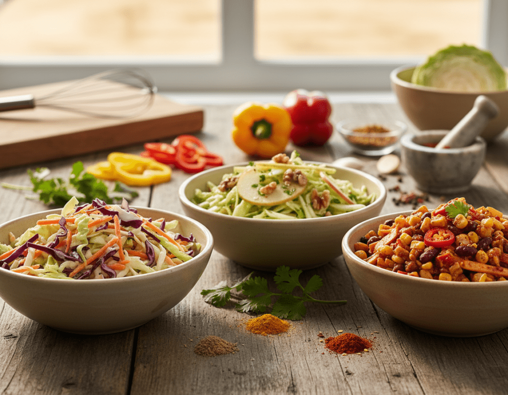 A vibrant display of various coleslaw salads arranged artfully on a rustic wooden table. In the foreground, there are three distinct bowls, each featuring a creative variation: one with traditional cabbage and carrots, another garnished with apple slices and walnuts, and a third with a spicy chipotle dressing. The middle ground showcases fresh ingredients like colorful bell peppers, chopped herbs, and spices, hinting at the salads' flavorful components. In the background, softly focused, are blurred kitchen utensils and a sunny window casting natural light, creating a warm and inviting atmosphere. The entire scene should evoke a sense of creativity and freshness, ideal for inspiring culinary enthusiasts. Use bright, natural lighting to enhance colors, shot with a shallow depth of field for a cozy effect. A vibrant display of various coleslaw salads arranged artfully on a rustic wooden table. In the foreground, there are three distinct bowls, each featuring a creative variation: one with traditional cabbage and carrots, another garnished with apple slices and walnuts, and a third with a spicy chipotle dressing. The middle ground showcases fresh ingredients like colorful bell peppers, chopped herbs, and spices, hinting at the salads' flavorful components. In the background, softly focused, are blurred kitchen utensils and a sunny window casting natural light, creating a warm and inviting atmosphere. The entire scene should evoke a sense of creativity and freshness, ideal for inspiring culinary enthusiasts. Use bright, natural lighting to enhance colors, shot with a shallow depth of field for a cozy effect.