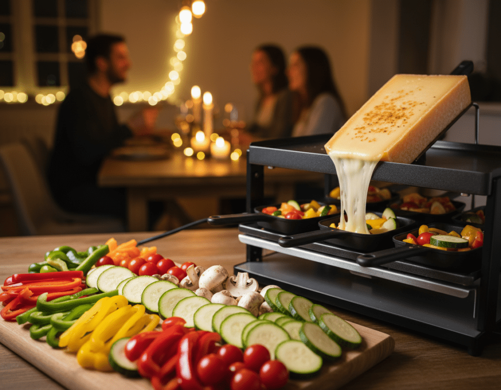 A vibrant, enticing raclette station featuring an array of colorful, fresh vegetables. In the foreground, showcase an organized platter with sliced bell peppers in red, yellow, and green, zucchini rounds, cherry tomatoes, and mushrooms, each glistening with a light sheen of moisture, emphasizing freshness. The middle ground features a traditional raclette grill with melted cheese cascading down into small skillets filled with the vegetables. In the background, softly blurred, a cozy dining atmosphere with warm, golden lighting casts a welcoming glow, enhancing the inviting mood of a friendly gathering. Use a standard lens to capture a moderately elevated perspective, focusing on the delicious food while maintaining a hint of the picturesque dining ambiance. The scene conveys a warm, communal feel, perfect for celebrating vegetarian delights.