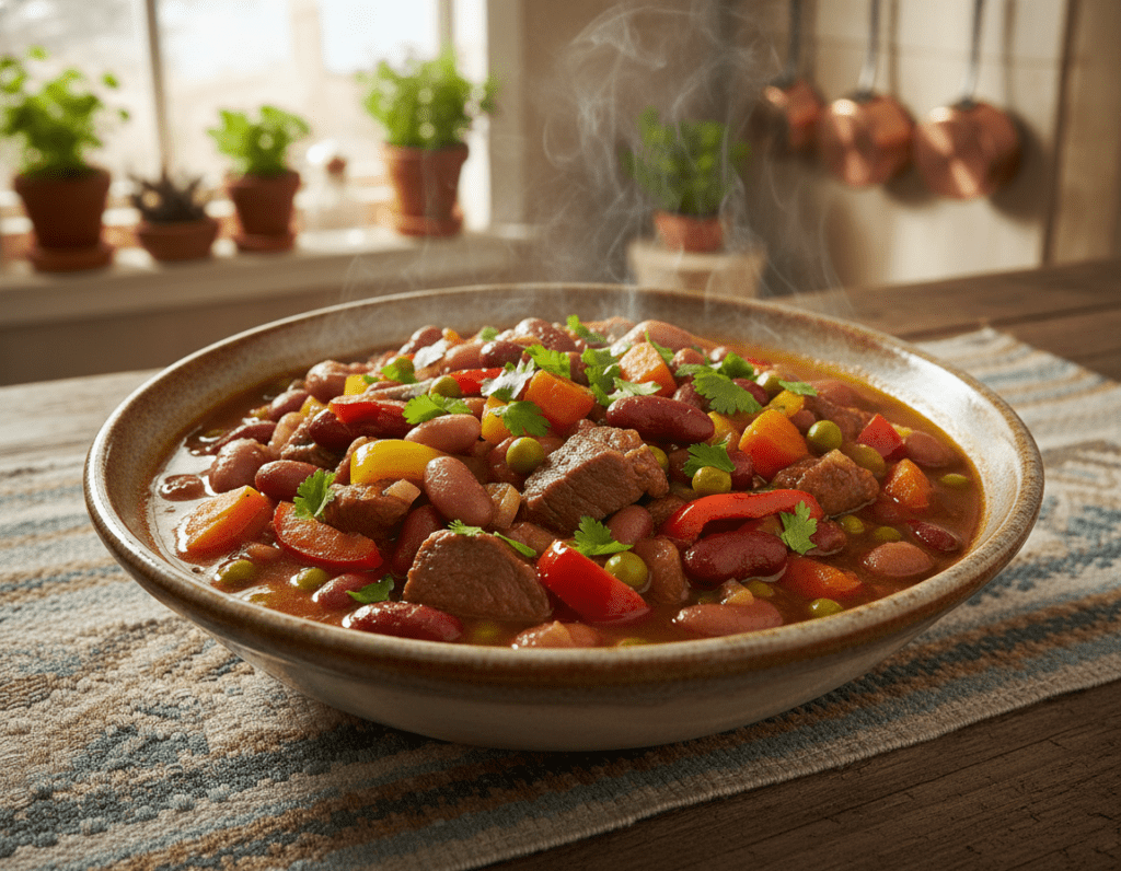 A vibrant, healthy bean stew featuring tender pieces of beef, colorful vegetables like carrots and bell peppers, and garnished with fresh herbs. The foreground showcases a steaming bowl of the hearty stew, with rich textures and a glossy sheen from the broth. In the middle, a rustic wooden table adorned with a woven cloth enhances the natural setting. The background includes a blurred kitchen scene with bright natural light streaming through a window, creating a warm and inviting atmosphere. The angle is slightly overhead to capture the dish in detail while emphasizing the wholesome ingredients. The overall mood conveys comfort, healthiness, and the joy of cooking nutritious meals at home. A vibrant, healthy bean stew featuring tender pieces of beef, colorful vegetables like carrots and bell peppers, and garnished with fresh herbs. The foreground showcases a steaming bowl of the hearty stew, with rich textures and a glossy sheen from the broth. In the middle, a rustic wooden table adorned with a woven cloth enhances the natural setting. The background includes a blurred kitchen scene with bright natural light streaming through a window, creating a warm and inviting atmosphere. The angle is slightly overhead to capture the dish in detail while emphasizing the wholesome ingredients. The overall mood conveys comfort, healthiness, and the joy of cooking nutritious meals at home.