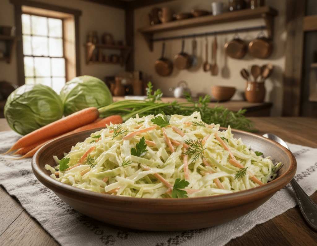 A vibrant, inviting scene showcasing a traditional bowl of American coleslaw, filled with finely shredded green cabbage, carrots, and a creamy dressing glistening under soft natural light. In the foreground, an elegant wooden table hosts a rustic ceramic bowl overflowing with the colorful salad, accented by a sprinkle of fresh herbs. In the middle ground, fresh vegetables like whole cabbages and carrots are artistically arranged, hinting at the recipe's origins. The background features a cozy kitchen setting with warm tones and vintage cooking utensils, creating an inviting atmosphere. The composition is shot from a slightly elevated angle to capture the details of the coleslaw, evoking a sense of home-cooked comfort and nostalgia. A vibrant, inviting scene showcasing a traditional bowl of American coleslaw, filled with finely shredded green cabbage, carrots, and a creamy dressing glistening under soft natural light. In the foreground, an elegant wooden table hosts a rustic ceramic bowl overflowing with the colorful salad, accented by a sprinkle of fresh herbs. In the middle ground, fresh vegetables like whole cabbages and carrots are artistically arranged, hinting at the recipe's origins. The background features a cozy kitchen setting with warm tones and vintage cooking utensils, creating an inviting atmosphere. The composition is shot from a slightly elevated angle to capture the details of the coleslaw, evoking a sense of home-cooked comfort and nostalgia.