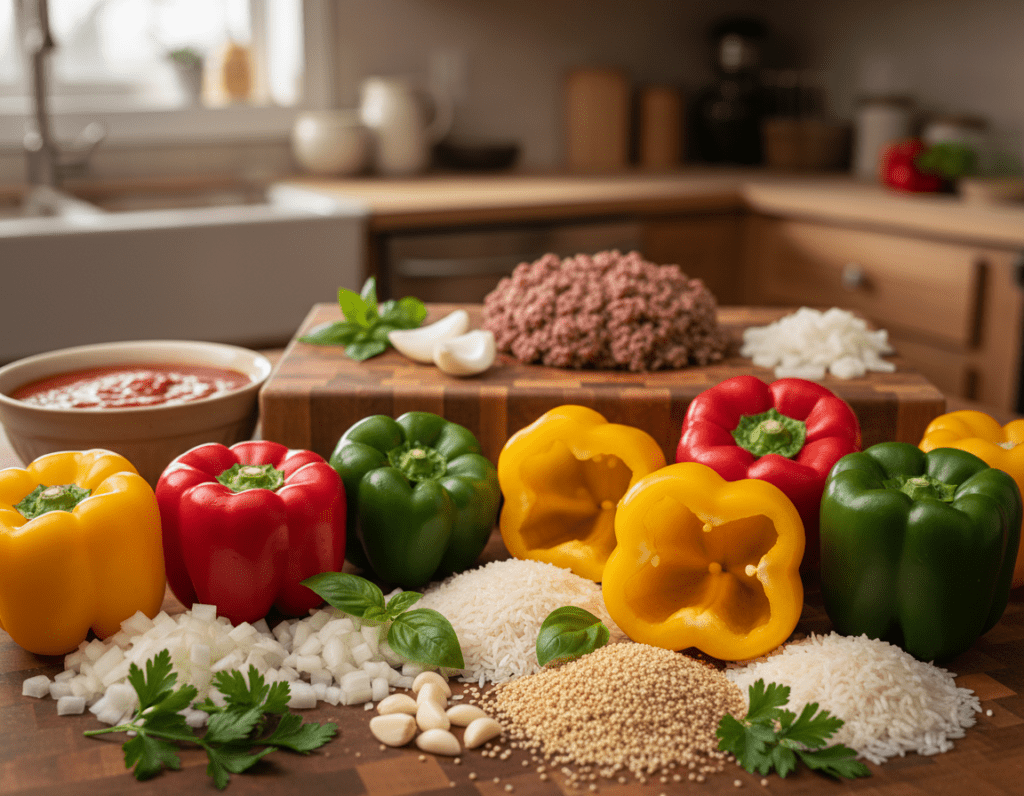 A vibrant kitchen countertop filled with a variety of fresh ingredients for stuffed bell peppers. In the foreground, showcase colorful bell peppers in shades of red, yellow, and green, halved and ready to be filled. Surround them with aromatic herbs, such as fresh parsley and basil, alongside diced onions, finely chopped garlic, and mingling grains like rice or quinoa. In the middle background, display a wooden chopping board with ground meat and a bowl of tomato sauce, adding a splash of red. Soft, warm lighting creates a cozy atmosphere, enhancing the textures of the ingredients. Use a shallow depth of field to blur the background slightly, keeping the focus on the vibrant ingredients while giving a hint of a homey kitchen setting.