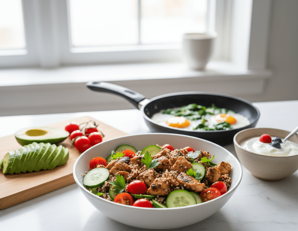 A vibrant kitchen countertop filled with quick, protein-rich meals. In the foreground, a colorful bowl of quinoa salad with cherry tomatoes, cucumber, and grilled chicken pieces, garnished with fresh herbs. Beside it, a cutting board features sliced avocado and a dish of Greek yogurt. The middle ground showcases a small, sizzling frying pan with scrambled eggs and spinach. In the background, a bright window allows natural sunlight to illuminate the scene, creating a warm, inviting atmosphere. The camera angle is slightly above the table, capturing the richness of the ingredients and the allure of uncomplicated, healthy cooking. The overall mood is fresh, energetic, and inspiring for easy meal preparation.