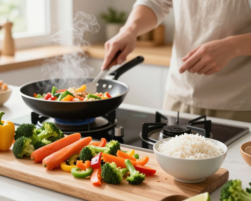 A vibrant kitchen scene depicting the step-by-step preparation of a vegetable rice stir-fry. In the foreground, a wooden cutting board is filled with colorful chopped vegetables such as bell peppers, carrots, and broccoli, alongside a bowl of uncooked rice. A frying pan on a stove shows vegetables sizzling, with steam rising. In the middle ground, a person in modest casual clothing is stirring the mixture, showcasing an expression of concentration and joy. The background features a clean, modern kitchen setting with light streaming in from a nearby window, creating a warm and inviting atmosphere. The angle is slightly elevated, capturing the action in the foreground while maintaining focus on the vibrant colors and textures of the ingredients.