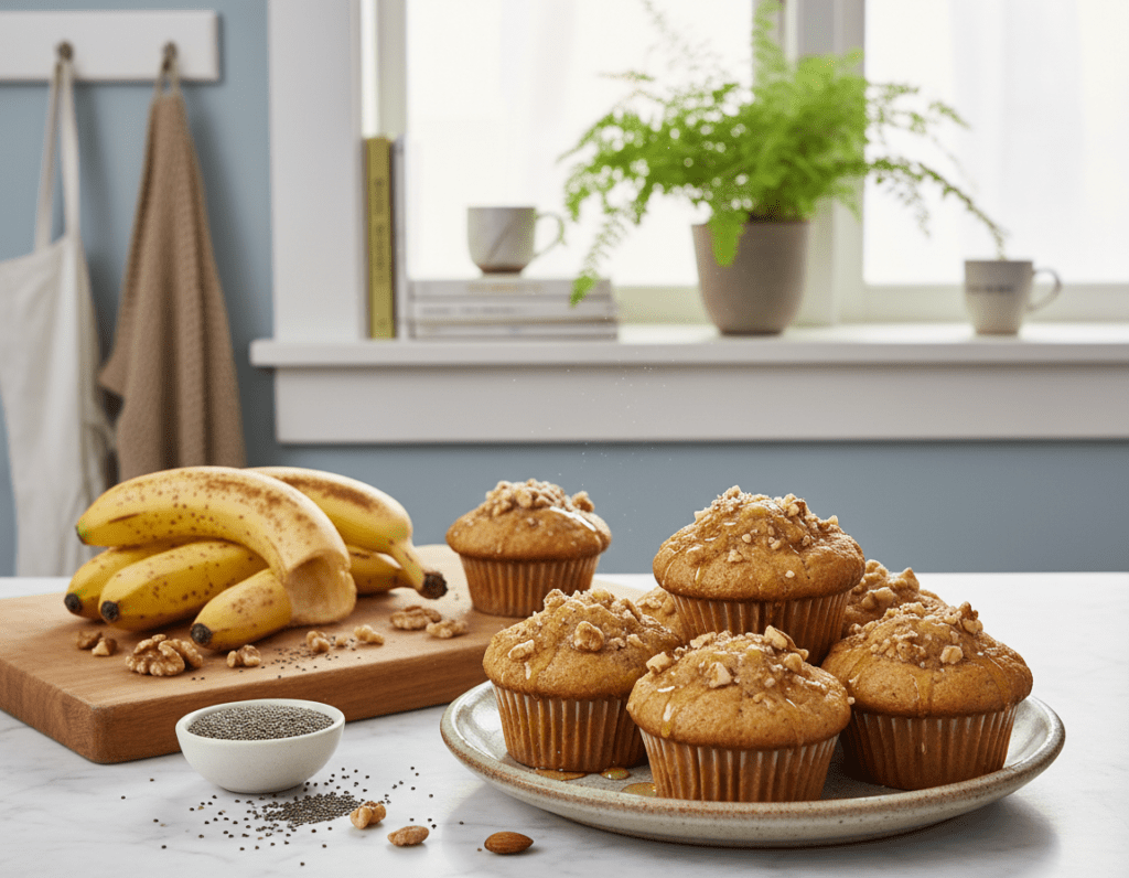 A vibrant kitchen scene featuring a plate of freshly baked vegan banana muffins, golden brown and perfectly domed, placed in the foreground. The muffins are topped with a light sprinkle of crushed nuts and a drizzle of agave syrup, emphasizing their healthy appeal. In the middle, a wooden cutting board displays ripe bananas and chia seeds, showcasing the wholesome ingredients used in their preparation. The background reveals a cozy kitchen with soft, natural light streaming through a window, casting a warm glow. A potted plant sits on the windowsill, adding a touch of greenery. The atmosphere is inviting and homely, encouraging viewers to try this quick and healthy baking option.