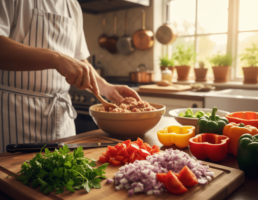 A vibrant kitchen scene featuring a preparation station for stuffed bell peppers. In the foreground, a cutting board holds freshly chopped vegetables – onions, tomatoes, and herbs – next to colorful, halved bell peppers ready to be stuffed. The middle ground shows a chef in a neat apron, skillfully mixing a bowl of filling with a wooden spoon. The background features a sunlit kitchen with pots and pans hanging on the wall, a large window letting in warm morning light, creating a cozy atmosphere. Use a shallow depth of field to focus on the foreground activities while softly blurring the background. Emphasize the freshness and vibrancy of the ingredients, conveying a sense of preparation and anticipation for a delicious meal.