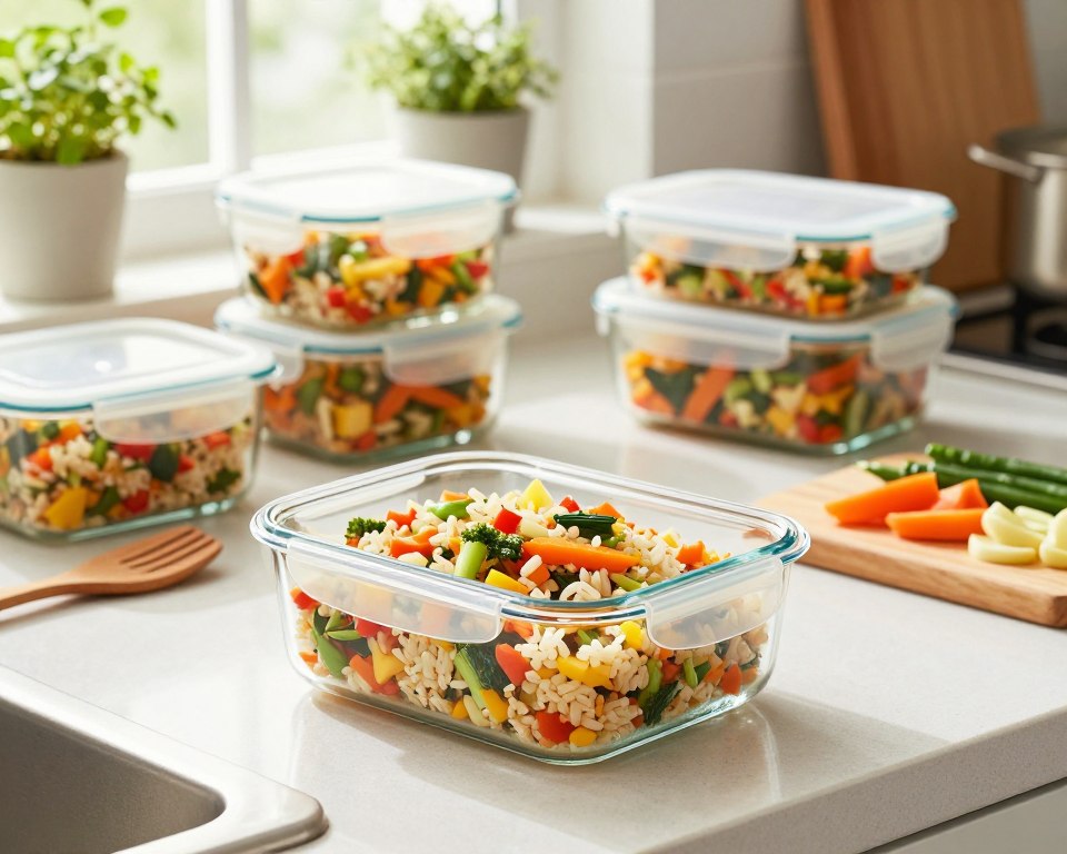 A vibrant kitchen scene featuring a well-organized countertop, showcasing various containers filled with colorful, freshly prepared vegetable rice stir-fry. In the foreground, a clear glass storage container with a tightly sealed lid displays a portion of the vegetable rice, highlighting its vivid colors and textures. The middle ground includes wooden serving utensils and a cutting board with chopped vegetables, creating a sense of preparation. In the background, soft natural light filters through a window, illuminating potted herbs on the windowsill and adding warmth to the atmosphere. The overall mood is inviting and practical, emphasizing the concept of storage and food preservation in a homey kitchen environment.