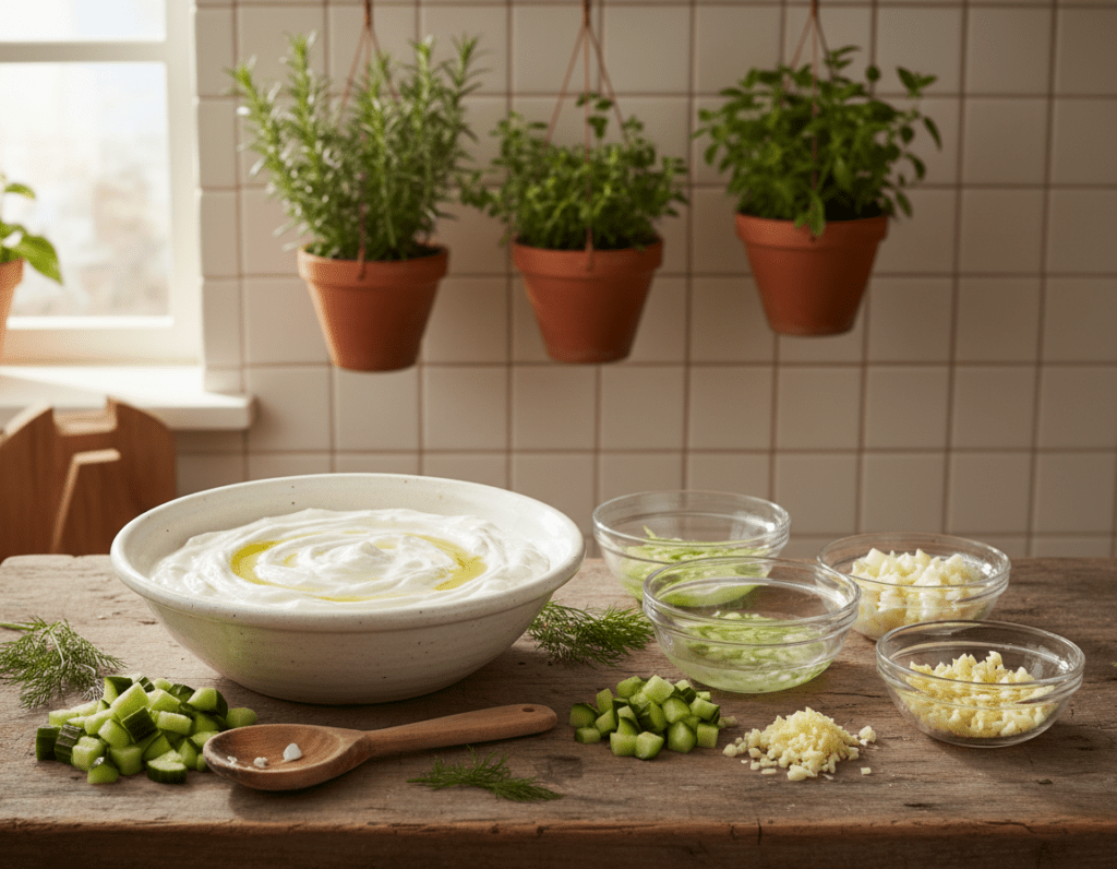 A vibrant kitchen scene featuring a well-worn wooden countertop. In the foreground, a large white bowl is filled with creamy, thick tzatziki, surrounded by fresh ingredients: diced cucumber, minced garlic, and sprigs of dill. A wooden spoon rests beside the bowl, hinting at the preparation process. The middle of the scene focuses on a careful arrangement of common mistakes in tzatziki preparation, such as excess water in the cucumbers, separated yogurt, and poorly chopped garlic. The background shows a cozy, sunlit kitchen with tiled walls and herbs hanging in pots, creating an inviting atmosphere. The lighting is soft and natural, enhancing the colors of the ingredients, with a slight overhead angle to capture the full layout of the preparation area. A vibrant kitchen scene featuring a well-worn wooden countertop. In the foreground, a large white bowl is filled with creamy, thick tzatziki, surrounded by fresh ingredients: diced cucumber, minced garlic, and sprigs of dill. A wooden spoon rests beside the bowl, hinting at the preparation process. The middle of the scene focuses on a careful arrangement of common mistakes in tzatziki preparation, such as excess water in the cucumbers, separated yogurt, and poorly chopped garlic. The background shows a cozy, sunlit kitchen with tiled walls and herbs hanging in pots, creating an inviting atmosphere. The lighting is soft and natural, enhancing the colors of the ingredients, with a slight overhead angle to capture the full layout of the preparation area.