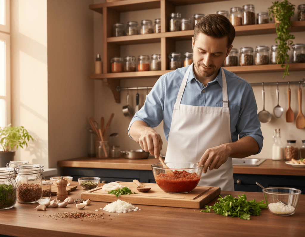 A vibrant kitchen scene featuring a wooden countertop adorned with fresh ingredients for a healthy Schaschlik sauce. In the foreground, a glass bowl brimming with a rich, red sauce made from tomatoes, bell peppers, and spices sits next to finely chopped onions and garlic. A cutting board displays vibrant herbs like cilantro and parsley, while a wooden spoon rests beside the bowl. In the middle of the composition, a chef in a white apron is gently stirring the sauce, showcasing an inviting expression of concentration. In the background, kitchen shelves are neatly arranged with jars of spices and cooking utensils. Soft, natural light filters in through a window, creating a warm and inviting atmosphere, emphasizing the wholesome and homemade essence of the sauce. A vibrant kitchen scene featuring a wooden countertop adorned with fresh ingredients for a healthy Schaschlik sauce. In the foreground, a glass bowl brimming with a rich, red sauce made from tomatoes, bell peppers, and spices sits next to finely chopped onions and garlic. A cutting board displays vibrant herbs like cilantro and parsley, while a wooden spoon rests beside the bowl. In the middle of the composition, a chef in a white apron is gently stirring the sauce, showcasing an inviting expression of concentration. In the background, kitchen shelves are neatly arranged with jars of spices and cooking utensils. Soft, natural light filters in through a window, creating a warm and inviting atmosphere, emphasizing the wholesome and homemade essence of the sauce.