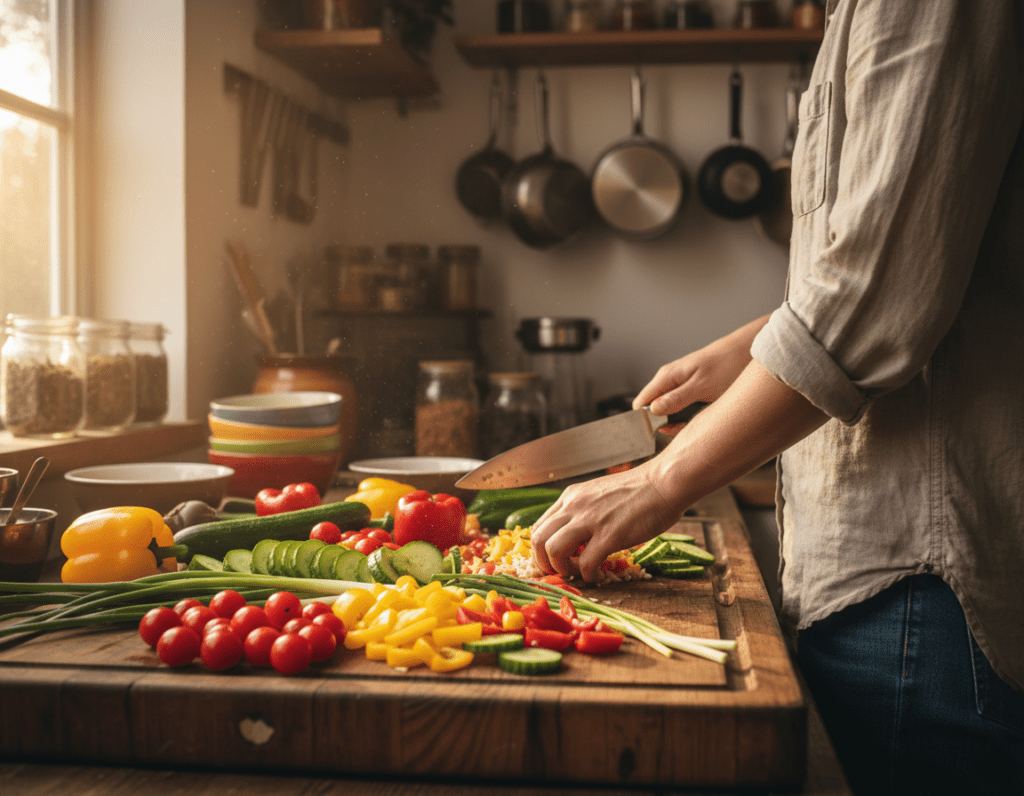 A vibrant kitchen scene focused on the preparation of vegetables for a rice salad. In the foreground, a wooden cutting board is filled with colorful, fresh vegetables, such as tomatoes, cucumbers, bell peppers, and green onions, artistically arranged. A sharp knife is poised over the vegetables, suggesting action. In the middle, a person dressed in a modest casual outfit, concentrating on chopping the veggies, their hands skillfully maneuvering the knife. The background features a warm, softly lit kitchen with pots, pans, and an array of more ingredients like herbs and spices, creating an inviting atmosphere. The sunlight streams through a window, casting gentle highlights on the scene, enhancing the freshness and vibrancy of the vegetables, evoking a sense of culinary creativity and home-cooked warmth.