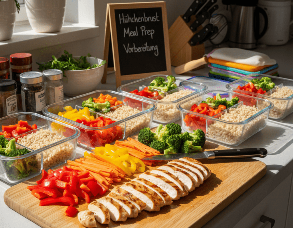 A vibrant kitchen scene showcasing "Hühnchenbrust Meal Prep Vorbereitung." In the foreground, a clean wooden cutting board displays perfectly cooked, sliced chicken breasts next to an array of colorful vegetables like bell peppers, carrots, and broccoli, all chopped and ready for meal prep. In the middle, several glass meal prep containers are neatly organized, some filled with the chicken and veggies, while others showcase grains like quinoa or brown rice. The background features a well-lit countertop with kitchen tools, herbs, and spices, giving a sense of a bustling meal prep atmosphere. The lighting is bright and inviting, suggesting freshness and health. The angle is slightly above eye level, providing a good overview of the meal prep layout, creating an encouraging and productive mood. A vibrant kitchen scene showcasing "Hühnchenbrust Meal Prep Vorbereitung." In the foreground, a clean wooden cutting board displays perfectly cooked, sliced chicken breasts next to an array of colorful vegetables like bell peppers, carrots, and broccoli, all chopped and ready for meal prep. In the middle, several glass meal prep containers are neatly organized, some filled with the chicken and veggies, while others showcase grains like quinoa or brown rice. The background features a well-lit countertop with kitchen tools, herbs, and spices, giving a sense of a bustling meal prep atmosphere. The lighting is bright and inviting, suggesting freshness and health. The angle is slightly above eye level, providing a good overview of the meal prep layout, creating an encouraging and productive mood.