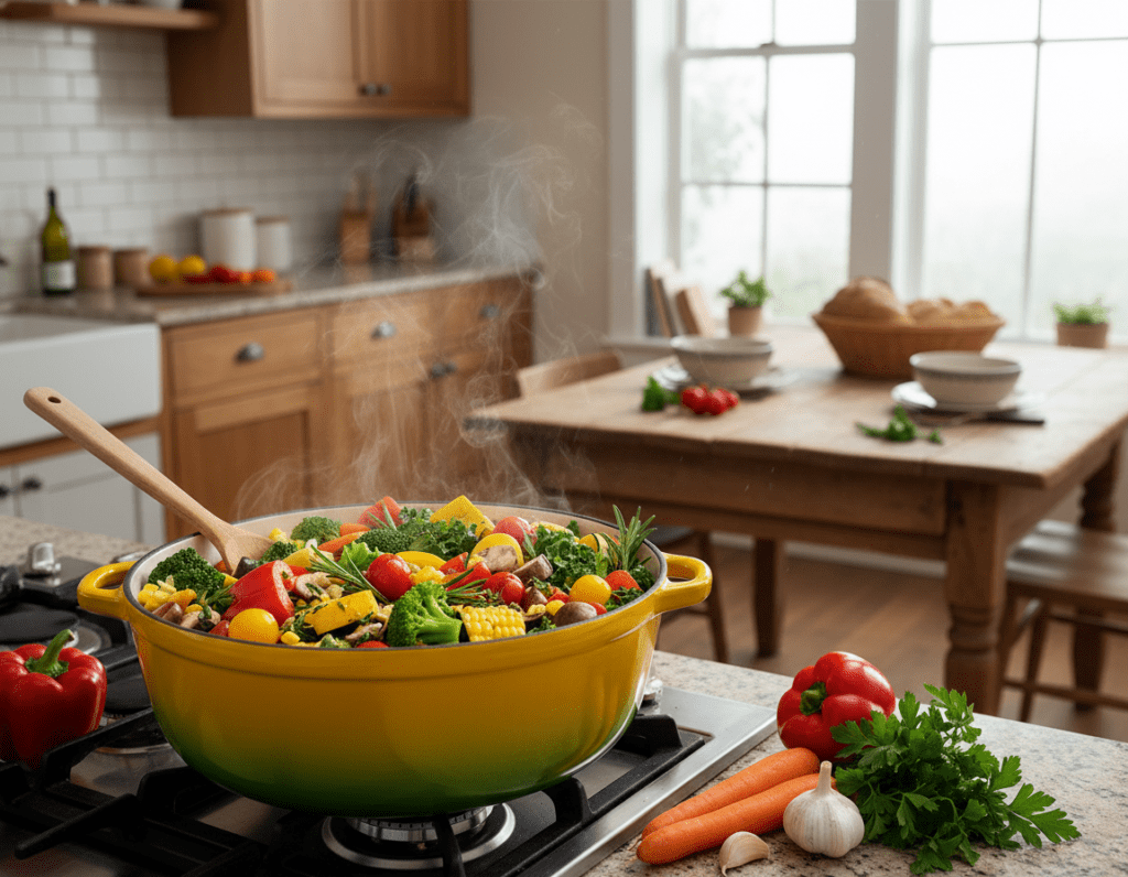 A vibrant kitchen scene showcasing a delicious one-pot meal bubbling on the stove. In the foreground, a large, colorful pot filled with a steaming stew brimming with vegetables and herbs, showcasing a variety of colors such as rich greens, vibrant reds, and sunny yellows. Fresh ingredients like bell peppers, carrots, and herbs artistically scattered around, with a wooden spoon resting on the edge of the pot. The middle ground features a cozy, well-lit kitchen space with wooden cabinets and a rustic table, enhancing the inviting atmosphere. In the background, natural light streams in through a window, casting soft shadows and illuminating the scene, evoking a warm, homely feel. The overall mood is relaxed and family-oriented, perfect for casual cooking.
