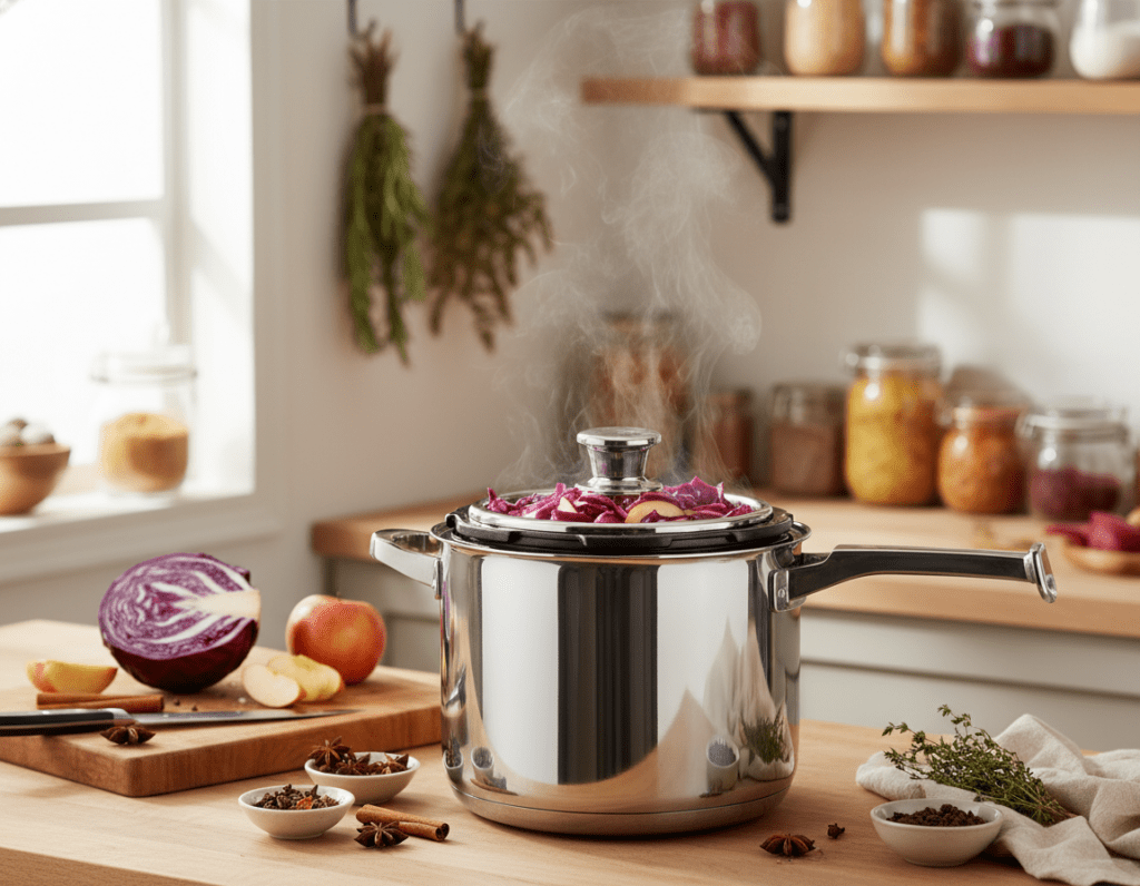 A vibrant kitchen scene showcasing a glossy, modern pressure cooker preparing delicious Apfelrotkohl (red cabbage with apples). In the foreground, the pressure cooker steam gently escapes, with bright purple-red cabbage and sliced apples visible inside. In the middle, ingredients like spices and a chopping board with freshly sliced ingredients are artistically arranged around the cooker. The background features cozy kitchen decor, such as hanging herbs and warm wooden shelves filled with jars. Soft, natural light filters through a nearby window, casting a warm glow over the scene, creating a homely and inviting atmosphere. The focus is sharp on the central cooker, while softer edges in the background add depth. The overall mood should be warm, inviting, and homely, reflecting the ease of cooking at home. A vibrant kitchen scene showcasing a glossy, modern pressure cooker preparing delicious Apfelrotkohl (red cabbage with apples). In the foreground, the pressure cooker steam gently escapes, with bright purple-red cabbage and sliced apples visible inside. In the middle, ingredients like spices and a chopping board with freshly sliced ingredients are artistically arranged around the cooker. The background features cozy kitchen decor, such as hanging herbs and warm wooden shelves filled with jars. Soft, natural light filters through a nearby window, casting a warm glow over the scene, creating a homely and inviting atmosphere. The focus is sharp on the central cooker, while softer edges in the background add depth. The overall mood should be warm, inviting, and homely, reflecting the ease of cooking at home.