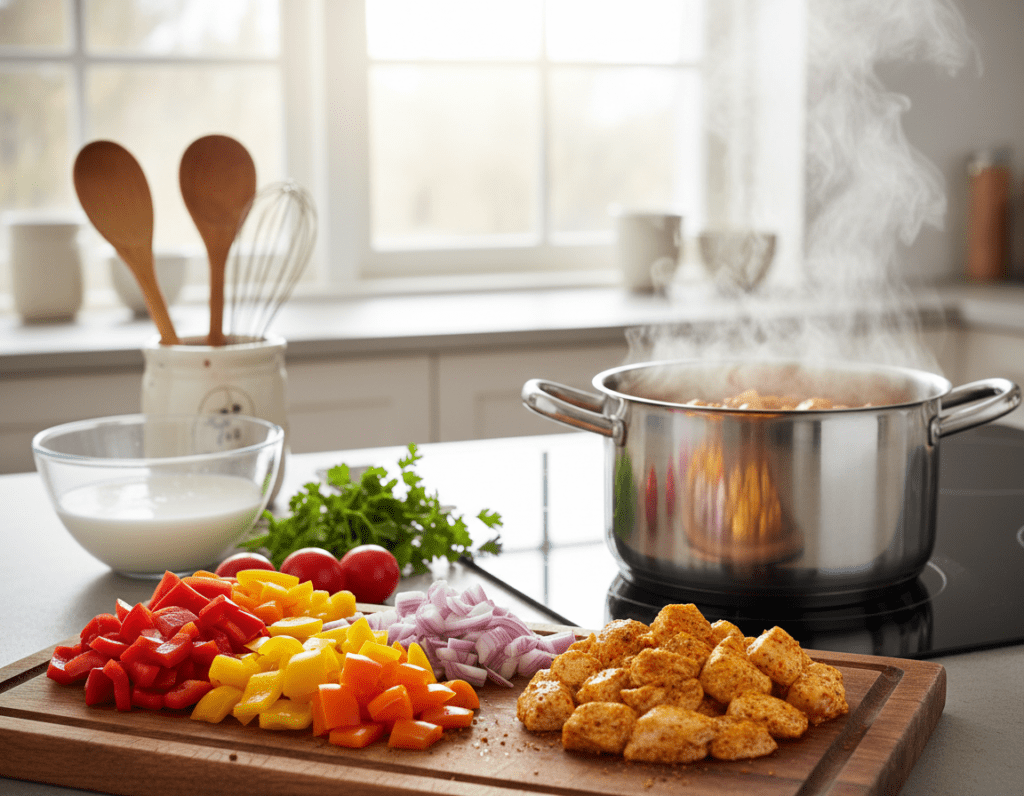 A vibrant kitchen scene showcasing a healthy chicken curry preparation. In the foreground, a wooden cutting board is filled with fresh, colorful vegetables like bell peppers, onions, and tomatoes, next to pieces of lean, diced chicken marinated with spices. A pot of curry simmers on the stove, emitting a warm, aromatic steam. In the middle, a well-organized countertop with cooking utensils, a bowl of coconut milk, and a sprig of fresh cilantro adds to the culinary atmosphere. The background reveals a sunlit window, casting soft, natural light onto the scene. The mood is inviting and homey, emphasizing the joy of cooking wholesome meals at home. Focus is sharp, capturing the textures of the ingredients with a slight depth of field, suggesting an intimate kitchen setting.