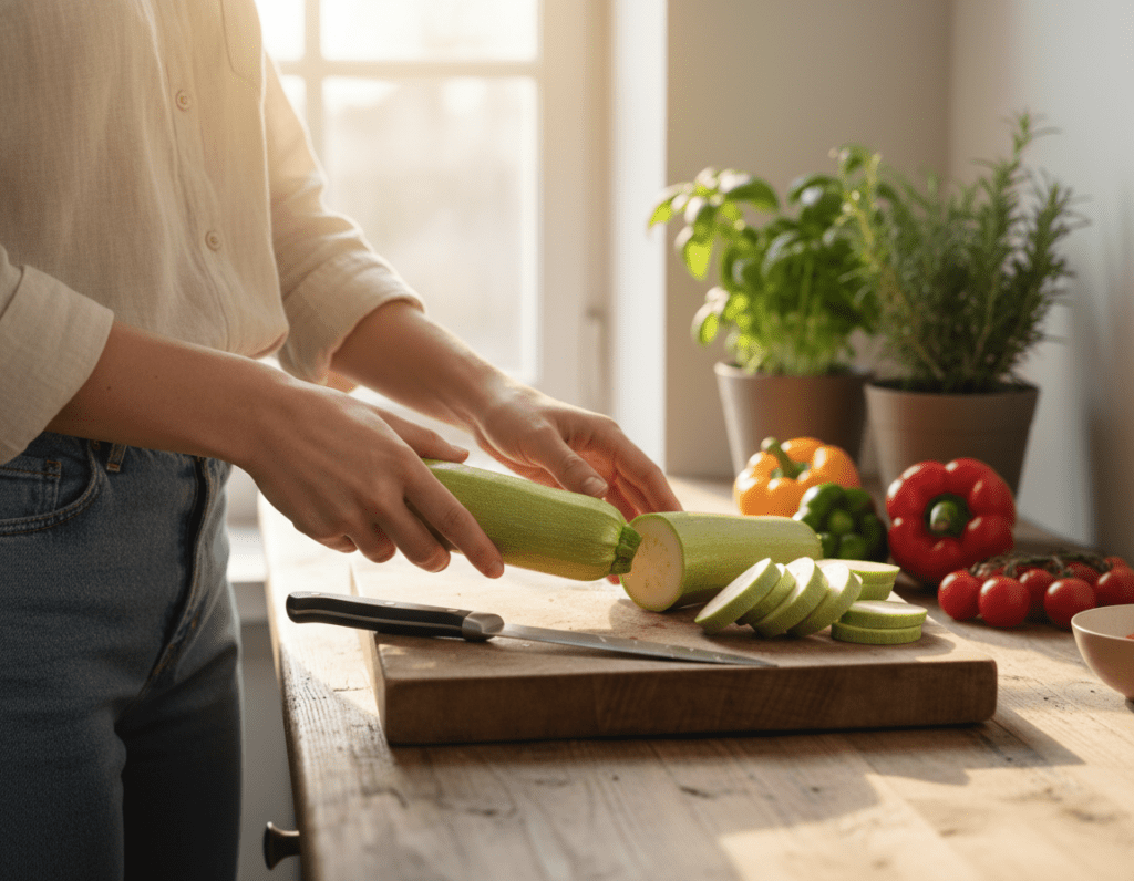 A vibrant kitchen scene showcasing a person carefully selecting fresh zucchini from a wooden countertop. The foreground features a hand gently holding a glossy green zucchini, highlighting its fresh texture. In the middle ground, a cutting board is visible with a knife and cut pieces of zucchini that reveal their light flesh. Bright, natural light streams through a nearby window, casting soft shadows and creating a warm, inviting atmosphere. The background is softly blurred, showing herbs and other vegetables, emphasizing the culinary theme. The overall mood is cheerful and energetic, capturing the essence of quick and simple cooking. The person should be wearing modest casual clothing, appearing focused and engaged in the preparation process.