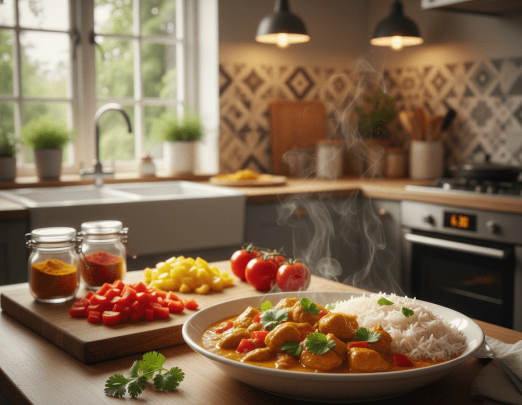 A vibrant kitchen scene showcasing a quick chicken curry recipe, illustrating the essence of time-saving cooking. In the foreground, a colorful bowl of steaming, aromatic chicken curry, garnished with fresh cilantro and served with fluffy white rice. In the middle, a wooden cutting board with chopped vegetables—bell peppers, onions, and tomatoes—alongside a small collection of spices in glass containers. The background features warm, inviting kitchen décor with soft lighting, creating a cozy and welcoming atmosphere. A window lets in natural light, highlighting the textures and colors of the dish. Emphasize a sense of warmth and efficiency, inviting viewers to consider this simple yet delicious meal for a busy evening.