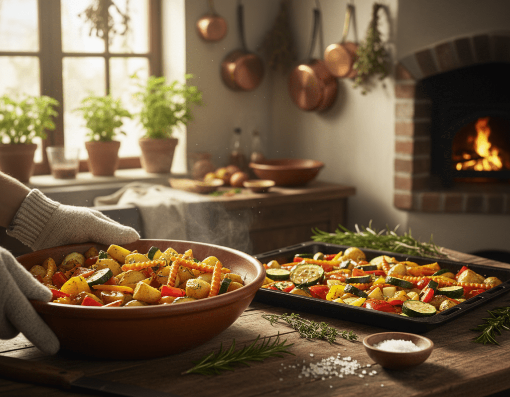 A vibrant kitchen scene showcasing a selection of colorful roasted vegetables, including potatoes, carrots, bell peppers, and zucchini, arranged artfully on a rustic wooden table. In the foreground, a pair of hands, wearing modest kitchen gloves, is gently mixing the vegetables in a bowl, highlighting the freshness of the ingredients. The middle ground features a baking tray filled with the seasoned vegetables, glistening under soft, warm lighting that enhances their natural colors. A background of a cozy, sunlit kitchen, with herbs in pots and utensils hanging, creates an inviting atmosphere. The lens captures a slight depth of field, focusing on the vegetables while softly blurring the kitchen backdrop, evoking a sense of home-cooked warmth and healthful cooking. A vibrant kitchen scene showcasing a selection of colorful roasted vegetables, including potatoes, carrots, bell peppers, and zucchini, arranged artfully on a rustic wooden table. In the foreground, a pair of hands, wearing modest kitchen gloves, is gently mixing the vegetables in a bowl, highlighting the freshness of the ingredients. The middle ground features a baking tray filled with the seasoned vegetables, glistening under soft, warm lighting that enhances their natural colors. A background of a cozy, sunlit kitchen, with herbs in pots and utensils hanging, creates an inviting atmosphere. The lens captures a slight depth of field, focusing on the vegetables while softly blurring the kitchen backdrop, evoking a sense of home-cooked warmth and healthful cooking.