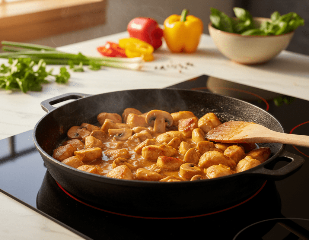 A vibrant kitchen scene showcasing a sizzling chicken and mushroom stir-fry in a well-seasoned frying pan. In the foreground, glistening pieces of chicken breast, perfectly browned, are combined with fresh, sautéed mushrooms in a glossy sauce, steam rising gently from the pan. The middle ground features the frying pan resting on a modern stovetop, with a wooden spatula resting nearby. In the background, a colorful array of fresh vegetables like bell peppers and herbs adds a splash of color to the composition. Soft, warm lighting illuminates the scene, creating an inviting atmosphere, while a shallow depth of field focuses on the pan, ensuring the textures and details of the ingredients stand out. The mood is cozy and appetizing, perfect for culinary inspiration.