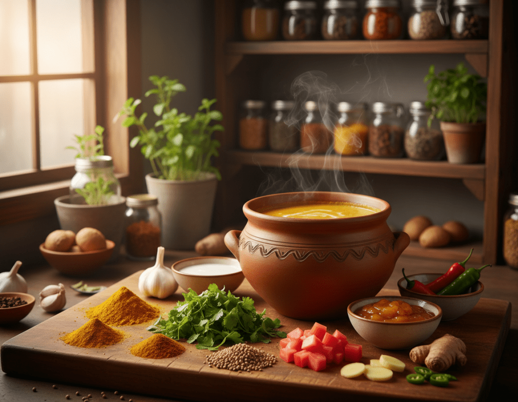 A vibrant kitchen scene showcasing a variety of curry sauce enhancement options. In the foreground, a wooden cutting board is adorned with colorful spices like turmeric, cumin, and coriander, alongside fresh ingredients such as chopped cilantro, garlic, ginger, and diced tomatoes. In the middle, a small pot of creamy curry sauce simmers gently, with steam rising, hinting at its richness. Surrounding the pot, various bowls display unique additions like coconut milk, mango chutney, and chili peppers for a pop of color. The background features rustic kitchen shelves stocked with jars of spices and fresh herbs, softly blurred for depth. Warm, inviting lighting illuminates the scene, creating an atmosphere of culinary creativity and experimentation, focusing on the theme of refining curry sauce. A vibrant kitchen scene showcasing a variety of curry sauce enhancement options. In the foreground, a wooden cutting board is adorned with colorful spices like turmeric, cumin, and coriander, alongside fresh ingredients such as chopped cilantro, garlic, ginger, and diced tomatoes. In the middle, a small pot of creamy curry sauce simmers gently, with steam rising, hinting at its richness. Surrounding the pot, various bowls display unique additions like coconut milk, mango chutney, and chili peppers for a pop of color. The background features rustic kitchen shelves stocked with jars of spices and fresh herbs, softly blurred for depth. Warm, inviting lighting illuminates the scene, creating an atmosphere of culinary creativity and experimentation, focusing on the theme of refining curry sauce.