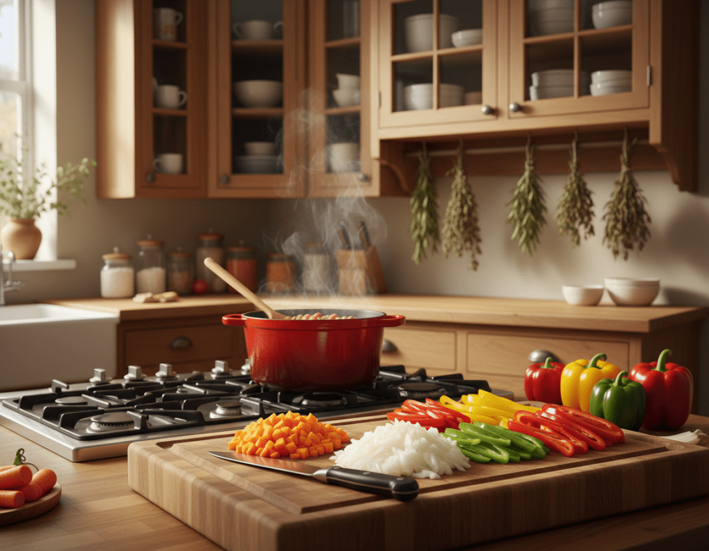 A vibrant kitchen scene showcasing fresh vegetables being prepared for a bean stew. In the foreground, a wooden cutting board is adorned with diced carrots, chopped onions, and sliced bell peppers, with a sharp chef's knife resting nearby. In the middle, a bright red pot simmers on the stove, with steam softly rising, creating an inviting atmosphere. The background features warm wooden cabinets and hanging herbs, accentuated by soft, diffused lighting that casts gentle shadows across the countertop. The overall mood is cozy and homely, emphasizing the joy of cooking and the vibrant colors of the fresh produce, all arranged in a way that highlights preparation for maximum flavor in the stew. A vibrant kitchen scene showcasing fresh vegetables being prepared for a bean stew. In the foreground, a wooden cutting board is adorned with diced carrots, chopped onions, and sliced bell peppers, with a sharp chef's knife resting nearby. In the middle, a bright red pot simmers on the stove, with steam softly rising, creating an inviting atmosphere. The background features warm wooden cabinets and hanging herbs, accentuated by soft, diffused lighting that casts gentle shadows across the countertop. The overall mood is cozy and homely, emphasizing the joy of cooking and the vibrant colors of the fresh produce, all arranged in a way that highlights preparation for maximum flavor in the stew.