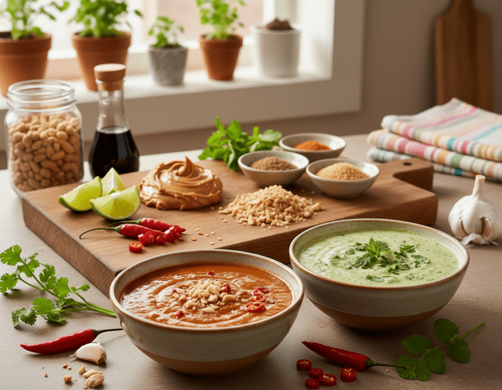 A vibrant kitchen scene showcasing several variations of homemade peanut sauce. In the foreground, three small bowls are elegantly presented, each filled with a different type of peanut sauce: classic, spicy, and creamy with herbs. Fresh ingredients like chili peppers, garlic, and cilantro are artfully arranged around the bowls. In the middle ground, a wooden cutting board displays smooth peanut butter, crushed peanuts, and a variety of spices. The background features a warm, inviting kitchen ambiance with soft, natural light streaming in from a window, creating a cozy atmosphere. The lens captures a slightly elevated angle to highlight the sauces' textures and colors, emphasizing their rich, appetizing appearance. The overall mood is warm and inviting, perfect for culinary inspiration.