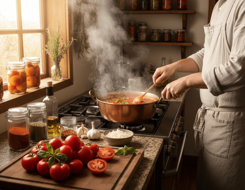 A vibrant kitchen scene showcasing the art of making homemade tomato sauce. In the foreground, a wooden cutting board is filled with fresh, ripe tomatoes, garlic cloves, and fragrant basil leaves. A chef, dressed in a white apron and modest clothing, is stirring a bubbling pot of tomato sauce on the stove, with steam rising gently. In the middle ground, colorful spices and olive oil are neatly arranged on the counter beside a small bowl of chopped onions. The background features warm, inviting kitchen décor, with shelves lined with jars of preserved produce and herbs. Soft, natural light filters in through a window, creating a cozy and inviting atmosphere that conveys a sense of comfort and warmth in cooking. A vibrant kitchen scene showcasing the art of making homemade tomato sauce. In the foreground, a wooden cutting board is filled with fresh, ripe tomatoes, garlic cloves, and fragrant basil leaves. A chef, dressed in a white apron and modest clothing, is stirring a bubbling pot of tomato sauce on the stove, with steam rising gently. In the middle ground, colorful spices and olive oil are neatly arranged on the counter beside a small bowl of chopped onions. The background features warm, inviting kitchen décor, with shelves lined with jars of preserved produce and herbs. Soft, natural light filters in through a window, creating a cozy and inviting atmosphere that conveys a sense of comfort and warmth in cooking.