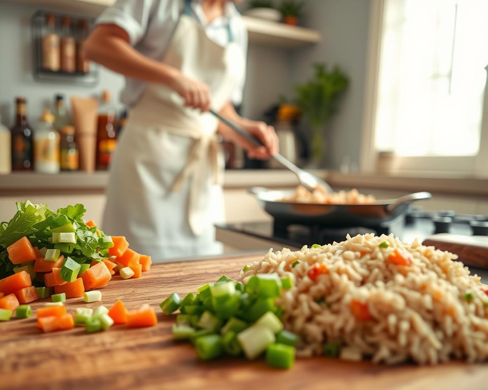 A vibrant kitchen scene showcasing the preparation of Nasi Goreng, the beloved Indonesian fried rice dish. In the foreground, a wooden cutting board holds fresh ingredients: diced carrots, green peas, and sliced scallions, all colorful and appetizing. In the middle ground, a skilled cook, dressed in a white apron and modest casual attire, stirs a sizzling pan of rice and spices over a gas stove. The background features an array of traditional spices and sauces neatly arranged on a countertop, with sunlight streaming in through a window, illuminating the scene and creating a warm, inviting atmosphere. Capture a close-up angle to emphasize the textures of the ingredients and the vibrant colors, conveying a sense of deliciousness and culinary artistry.