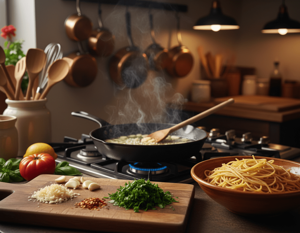 A vibrant kitchen scene showcasing the preparation of Spaghetti Aglio e Olio. In the foreground, a wooden cutting board displays freshly minced garlic, vibrant green parsley, and red chili flakes next to a bowl of cooked spaghetti. The middle ground features a sizzling pan with olive oil, garlic, and herbs, with steam rising, capturing the essence of Italian cooking. In the background, bright kitchen utensils and fresh ingredients, like a ripe tomato and lemon, are artfully arranged, adding a burst of color. Soft, warm lighting bathes the scene, creating a cozy, inviting atmosphere reminiscent of a bustling Italian kitchen. The focus is on the delicious simplicity of this classic dish.