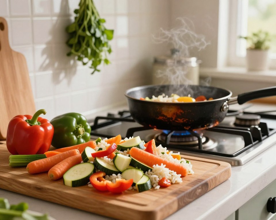 A vibrant kitchen scene showcasing the preparation of a vegetable rice skillet, highlighting common mistakes. In the foreground, a wooden cutting board is filled with colorful, freshly chopped vegetables like bell peppers, carrots, and zucchini. A partially burned pot on a stove in the middle ground illustrates a cooking error. The background features a cozy kitchen setting with hanging herbs and a warm ambiance. Soft, natural light filters through a window, casting gentle shadows. The camera angle is slightly above eye level, emphasizing the dish's details while capturing the relaxed, homey atmosphere. The mood is informative yet inviting, perfect for guiding viewers to avoid mistakes in their cooking.