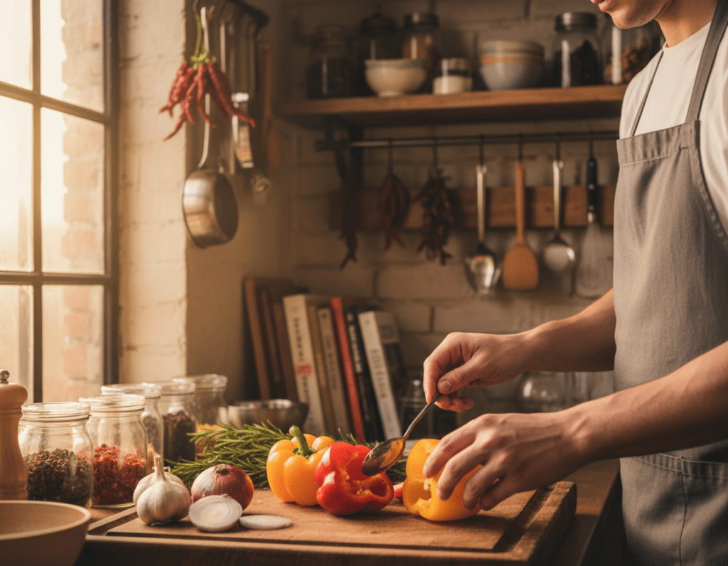 A vibrant kitchen scene showcasing the preparation of bright, fresh bell peppers. In the foreground, a skilled cook, dressed in a modest apron and shirt, is seen carefully slicing the tops off the peppers and removing the seeds with a small spoon. The fruits are a rich red and yellow, their glossy skin reflecting the warm, natural light streaming in from a nearby window. In the middle ground, a wooden cutting board is laden with additional ingredients, like garlic, onions, and herbs, hinting at a filling preparation. The background features shelves filled with cooking utensils and spices, enhancing the homey and inviting atmosphere of a bustling kitchen. The focus is sharp, emphasizing the meticulous process of hollowing out the peppers, with a soft bokeh effect on the background to create depth. The mood is warm and inviting, perfect for a cooking tutorial.