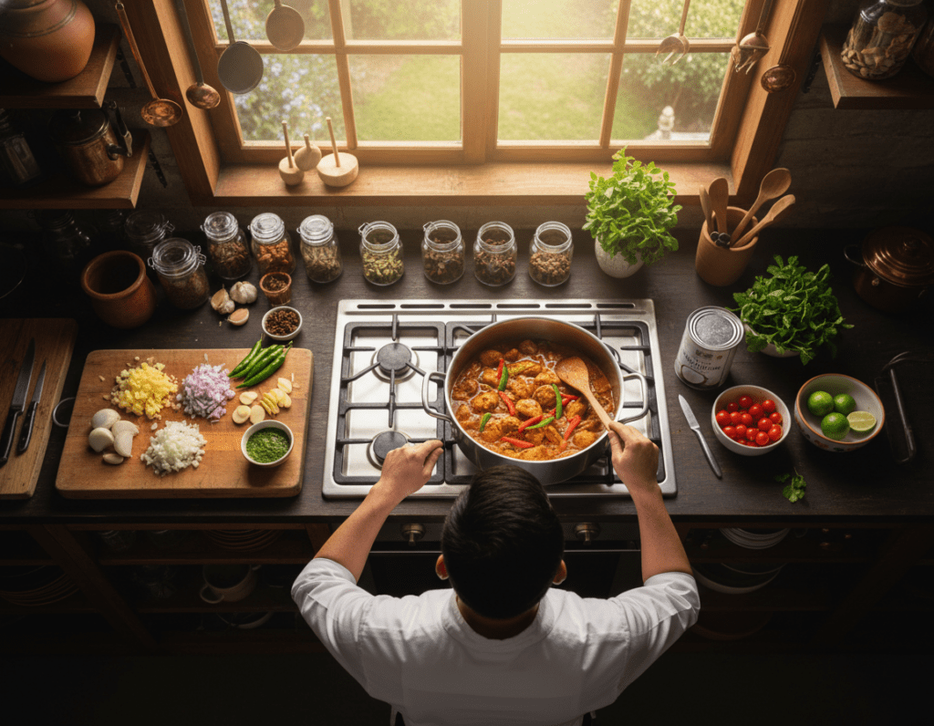 A vibrant kitchen scene showcasing the preparation of chicken curry. In the foreground, a seasoned chef in a white apron carefully stirs a pot of simmering curry filled with diced chicken, colorful bell peppers, and aromatic spices. A wooden chopping board with freshly chopped onions, garlic, and ginger lies beside him. In the middle, an array of ingredients is displayed, including spices in small jars, coconut milk, and fresh herbs, all neatly organized. In the background, warm, inviting light spills in through a window, illuminating the rustic kitchen atmosphere. The camera angle captures a dynamic overhead view, highlighting the intricate details of the cooking process while evoking a sense of warmth and delicious anticipation.