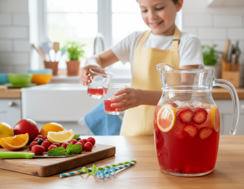 A vibrant kitchen scene showcasing the preparation of homemade healthy lemonade for children. In the foreground, a clear glass pitcher filled with bright, colorful lemonade infused with fresh fruits like strawberries, lemons, and mint leaves, topped with ice cubes. Beside it, there are cut fruits on a wooden chopping board and a pair of playful, colorful straws. In the middle ground, a cheerful child wearing a light-colored apron is smiling while pouring lemonade into glasses, dressed in modest casual clothing. The background features a sunny kitchen with natural light streaming through a window, enhancing the bright, inviting atmosphere. The overall mood is joyful and lively, promoting a sense of healthy fun in a family-friendly environment.